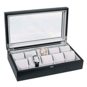 10-Piece Modern Wood Watch Box with Glass Top in Satin Black
