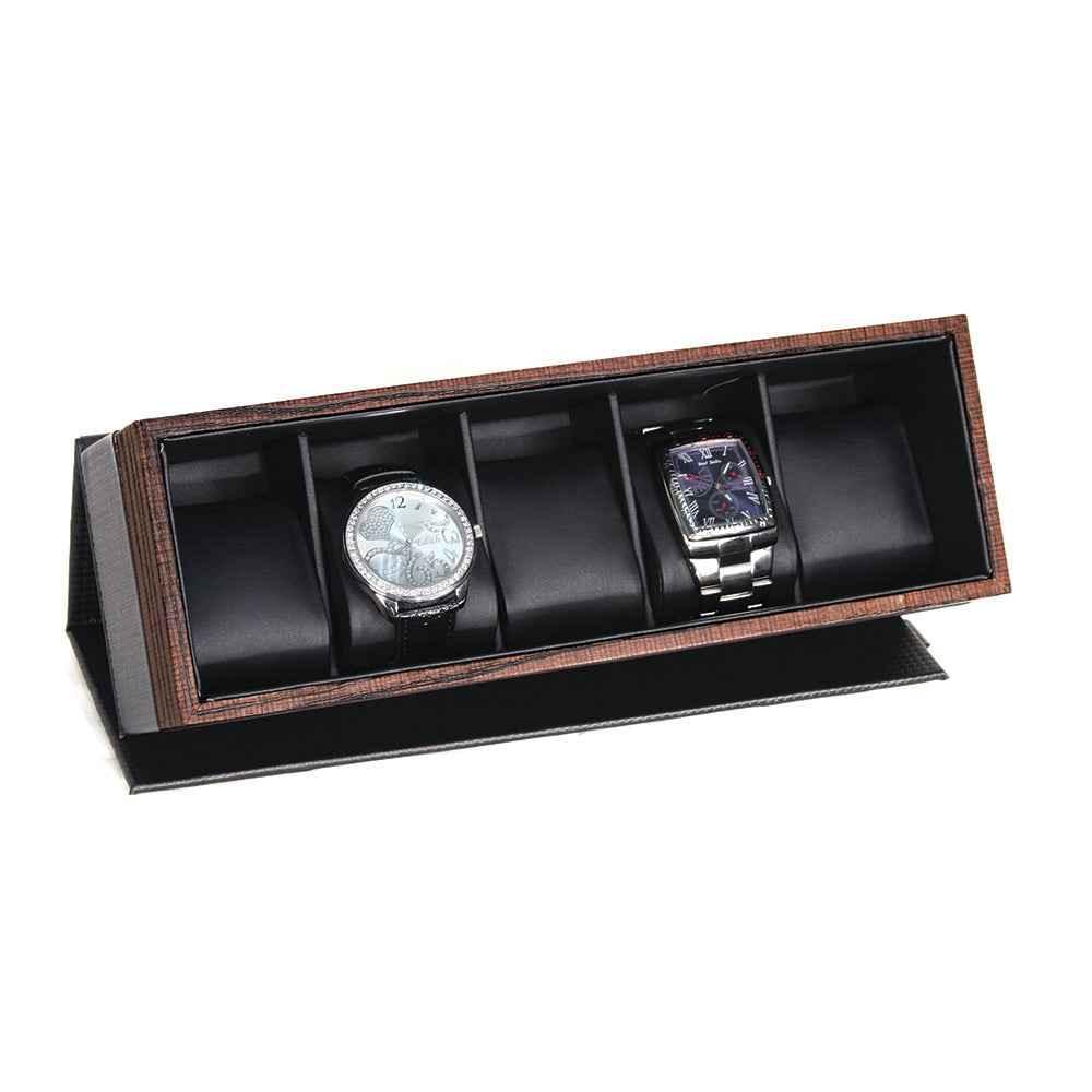5 slot flip top carbon fiber watch box with wood grain trim 5 slot flip top carbon fiber watch box with wood grain trim