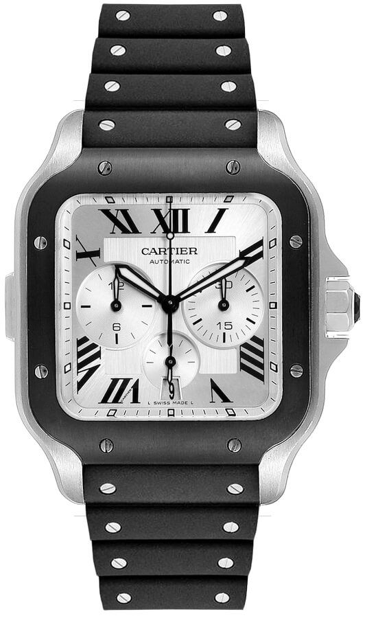 santos de cartier chronograph silver dial black rubber mens watch wssa0017 santos de cartier chronograph silver dial black rubber mens watch wssa0017