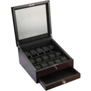 volta 15 compartment wood watch box with extra storage for organized timepieces