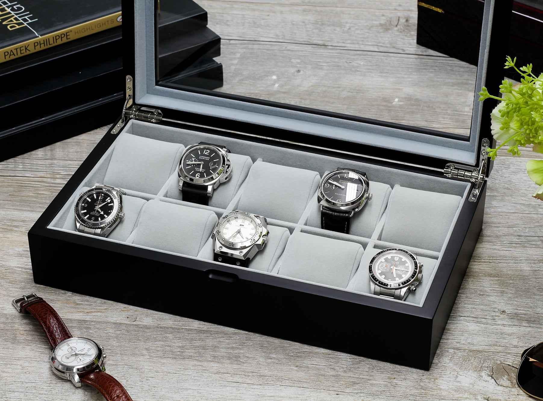 10 piece modern wood watch box with glass top in satin black 1 10 piece modern wood watch box with glass top in satin black 1
