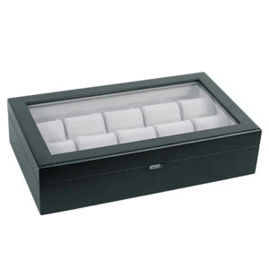 10 piece modern wood watch box with glass top in satin black