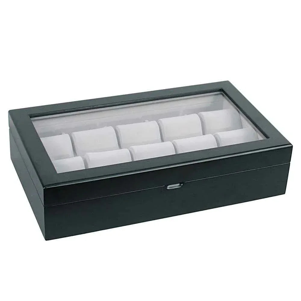 10 piece modern wood watch box with glass top in satin black 10 piece modern wood watch box with glass top in satin black