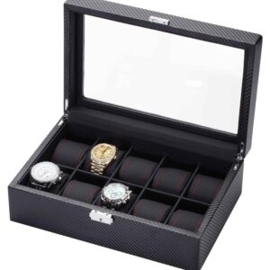 10 piece race inspired carbon fiber watch box with red stitching