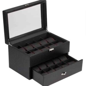 20 piece carbon fiber watch box with red stitch trim