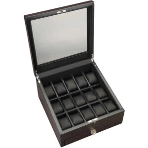 volta 15 compartment wood watch box with extra storage for organized timepieces
