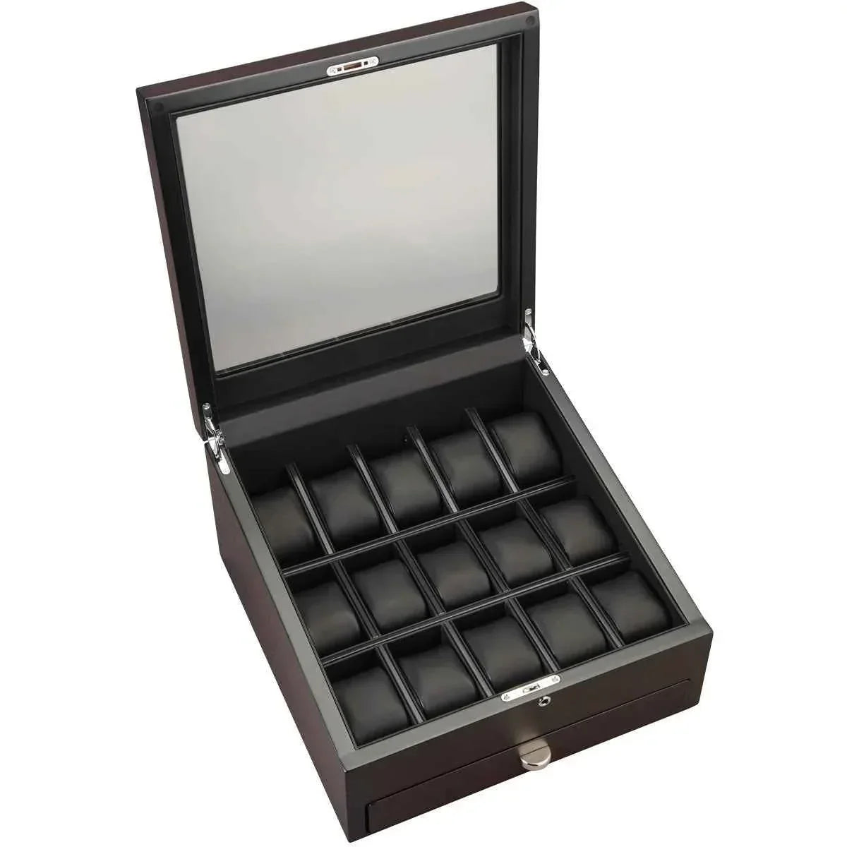 volta 15 compartment wood watch box with extra storage for organized timepieces volta 15 compartment wood watch box with extra storage for organized timepieces